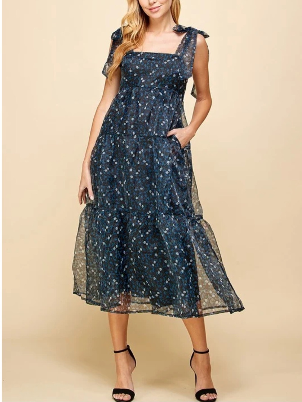 TCEC Floral Tie Shoulder Midi Smock Dress